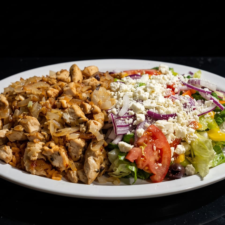 Plate of grilled chicken and sautéed onions alongside a Greek salad with feta, tomatoes, peppers, lettuce, and olives.
