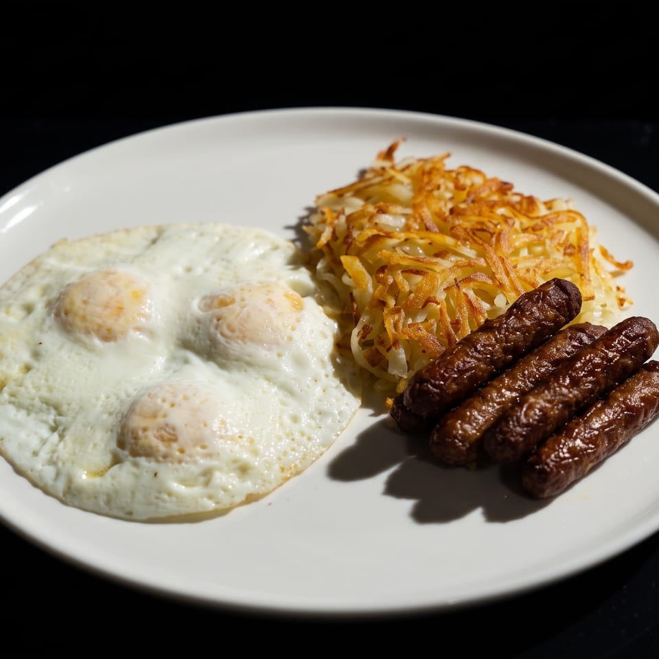 Plate of fried eggs, crispy hash browns, and grilled sausage links on a white dish.