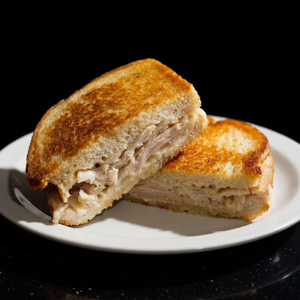 Grilled chicken and cheese sandwich halves on a white plate against a dark background.