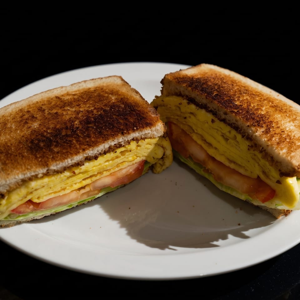 Two toasted egg, cheese, lettuce, and tomato sandwiches arranged on a white plate against a dark background.