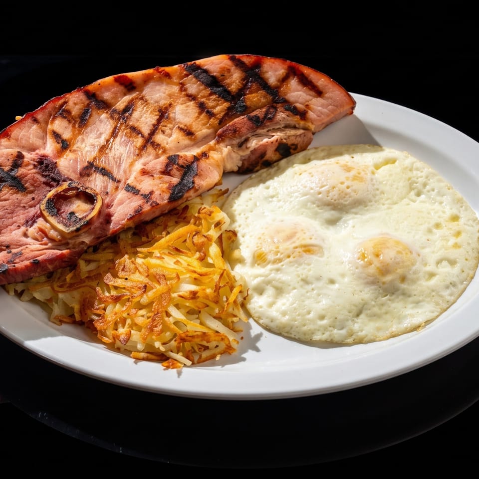 Grilled ham steak with pineapple ring, crispy hash browns, and two fried eggs on a white plate.
