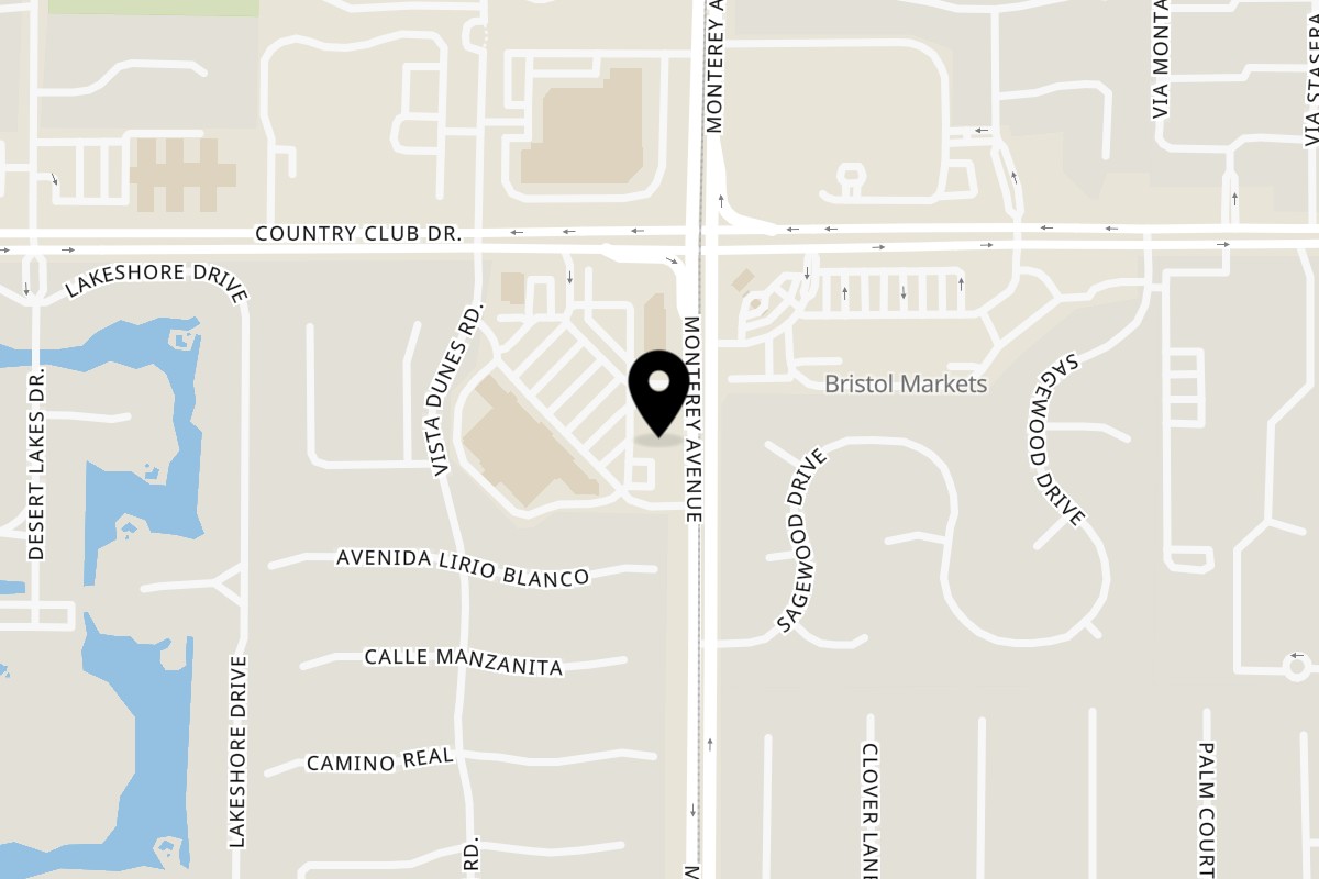 Map showing the location of Country Club Cafe on 40101 Monterey Ave F5 in Rancho Mirage